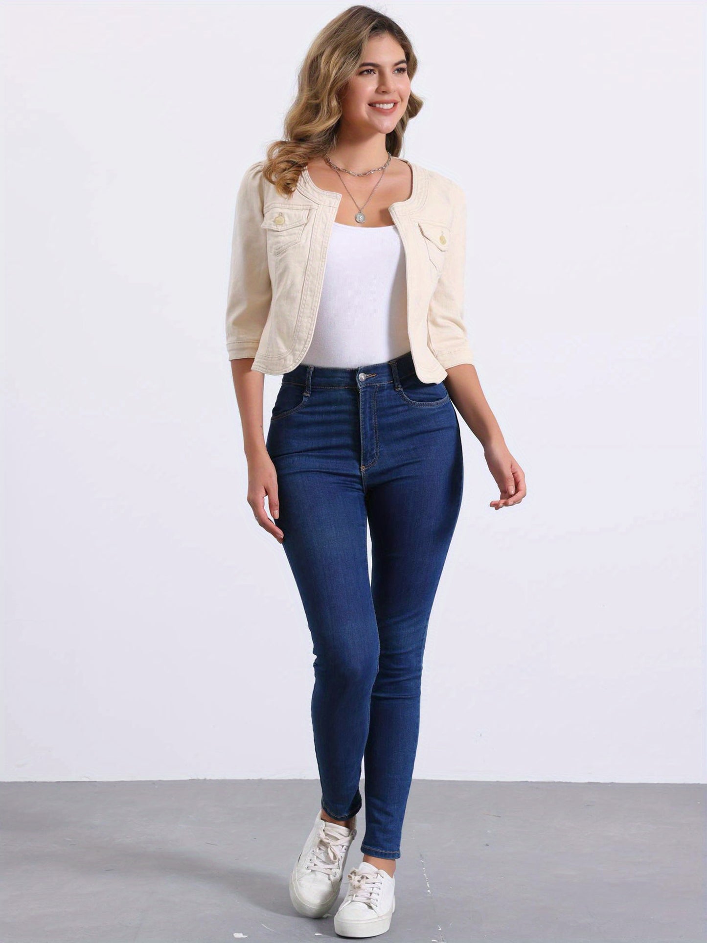 Denim Jacket for Women' S Collarless 2025 Cardigan 3/4 Sleeve Crop Jean Jackets