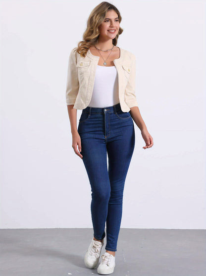 Denim Jacket for Women' S Collarless 2025 Cardigan 3/4 Sleeve Crop Jean Jackets