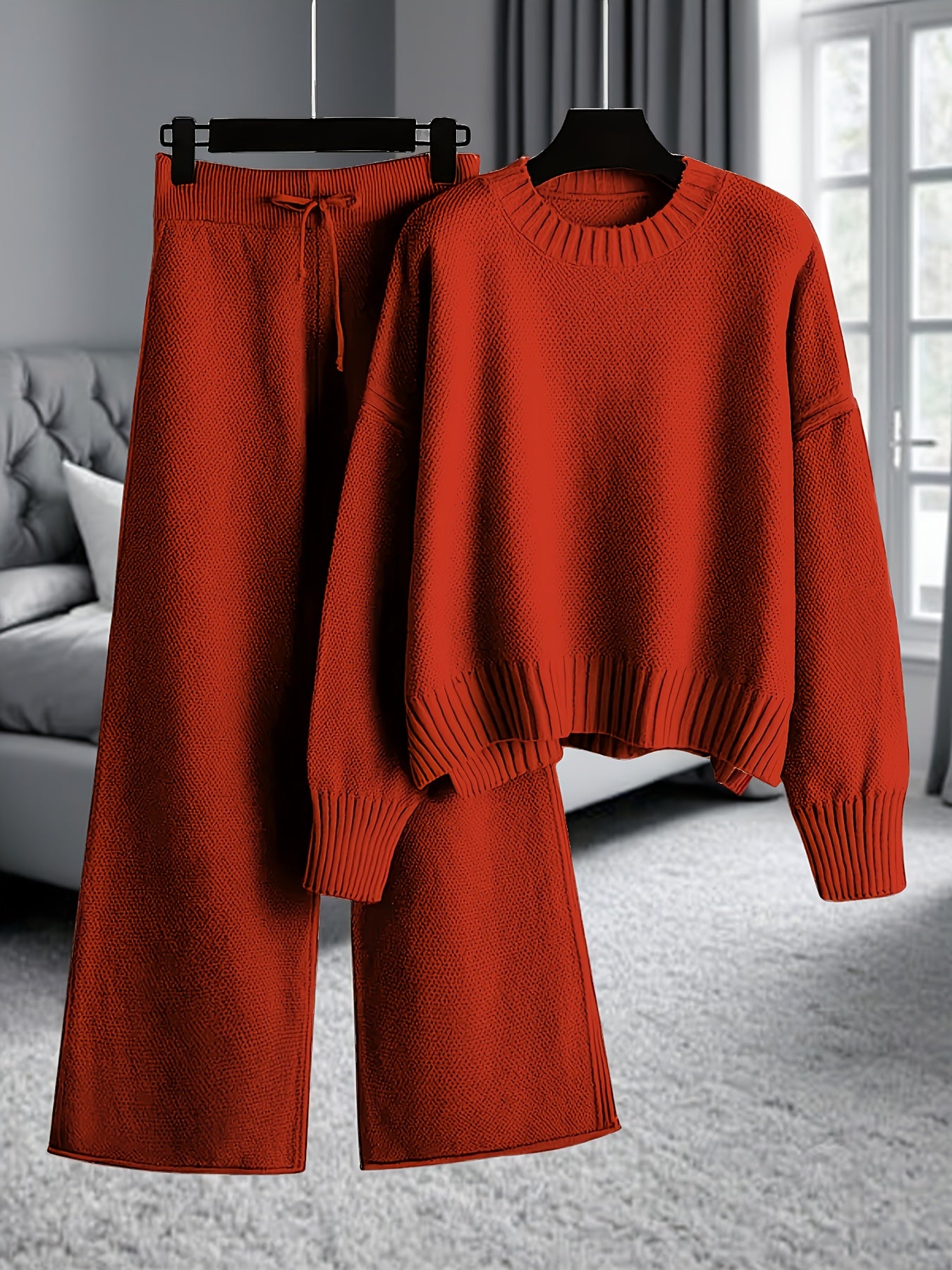 Women's Brick Red Knit High-Waist Long-Sleeve Pants - product view 8