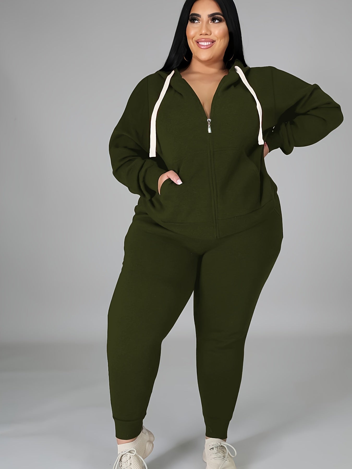 Women's Plus Size Tracksuit Set - Long Sleeve Hooded Loungewear and Sweatsuit Sets with Pockets, Polyester and Elastane