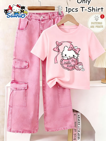 Girls' Fashion Short Sleeve Top, Spring Summer Casual, Printed White T-Shirt with Pink Bow Heart Pattern, Comfortable And Breathable, 1pc, Suitable for Girls 12 And Under, Casual Versatile