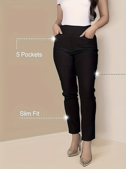 Slim Fit High-Waisted Pants for Women Featuring Five Pockets, Designed for Easy Pull-On Wear, Suitable for Work Or Casual Office Settings