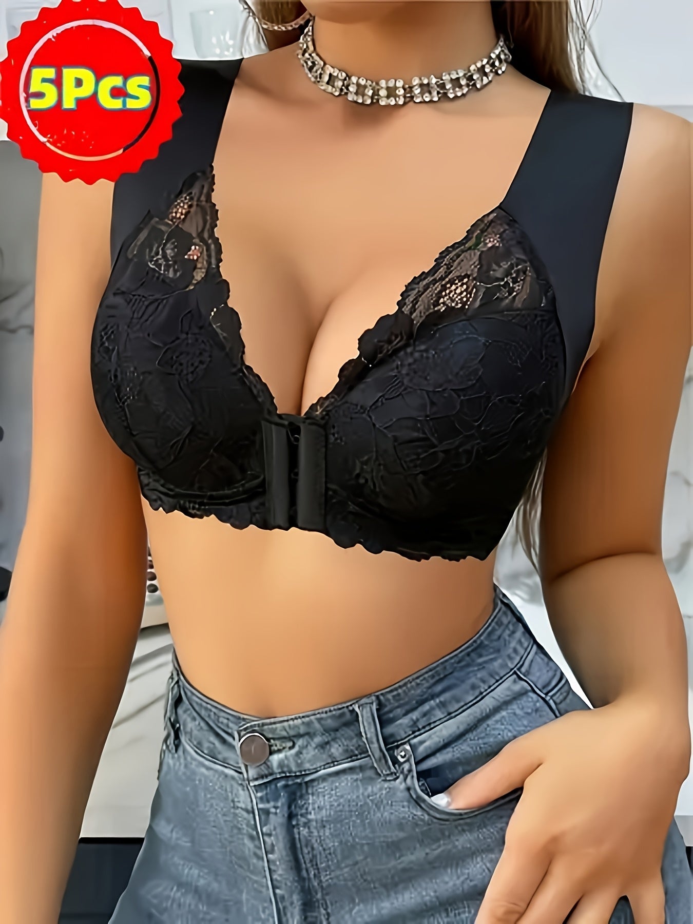 5pcs Bras for Women Women's Floral Print Wireless Bras Front Closure No Underwire - product view 1