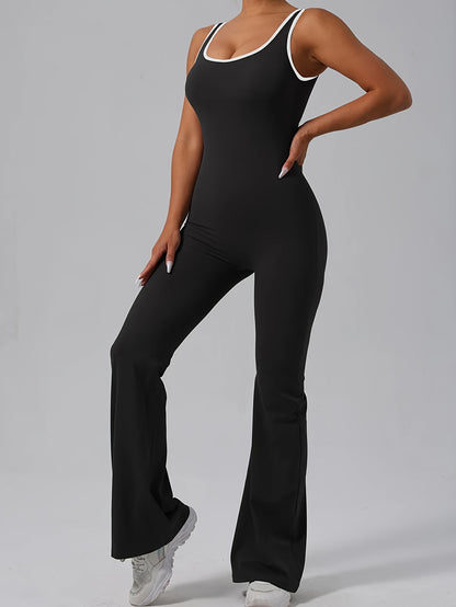 2pcs-Women'S Flare Jumpsuits Seamless Scrunch Workout Romper Square Neck Backless Wide Leg Unitard