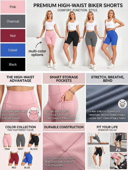 5 Packs Women Biker Shorts, High Waist Hip Lifting, Stretch Tight Fit, Side Pockets Shorts