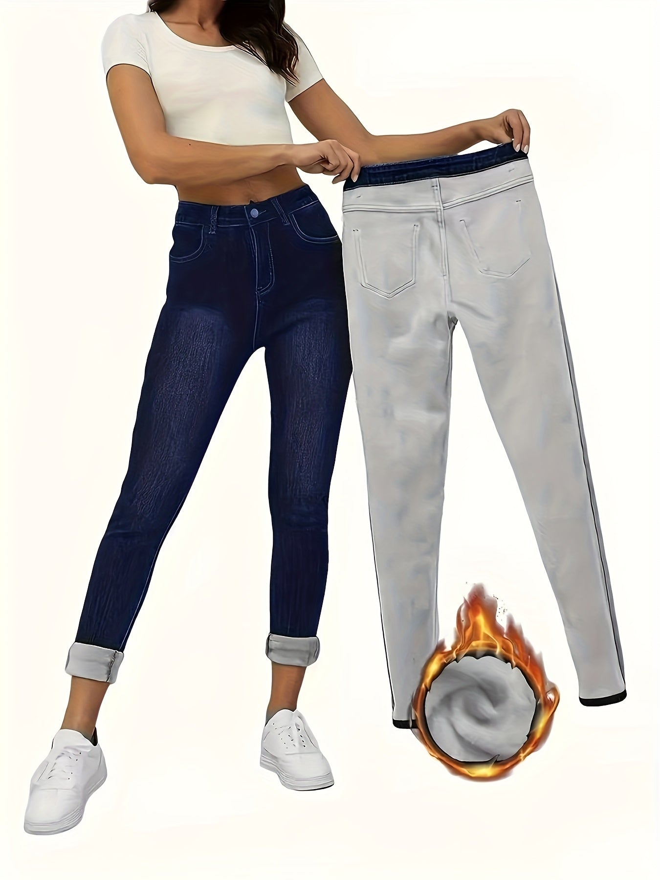 1pc Women's High-Stretch Thermal Fleece-Lined Skinny Jeans - Winter Warm Straight Leg Pants with Washed, Stretchy Office & Streetwear Trousers, Elegant Solid Color for Weather (Hand Washable)