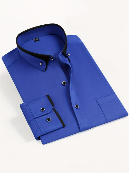 Color Block Fold-Up Collar Crystal Buckle Formal Shirt Men'S Long Sleeve Contrast Color Stretch Iron-Free Business Casual Top with Loan Fashion Cardigan Shirt