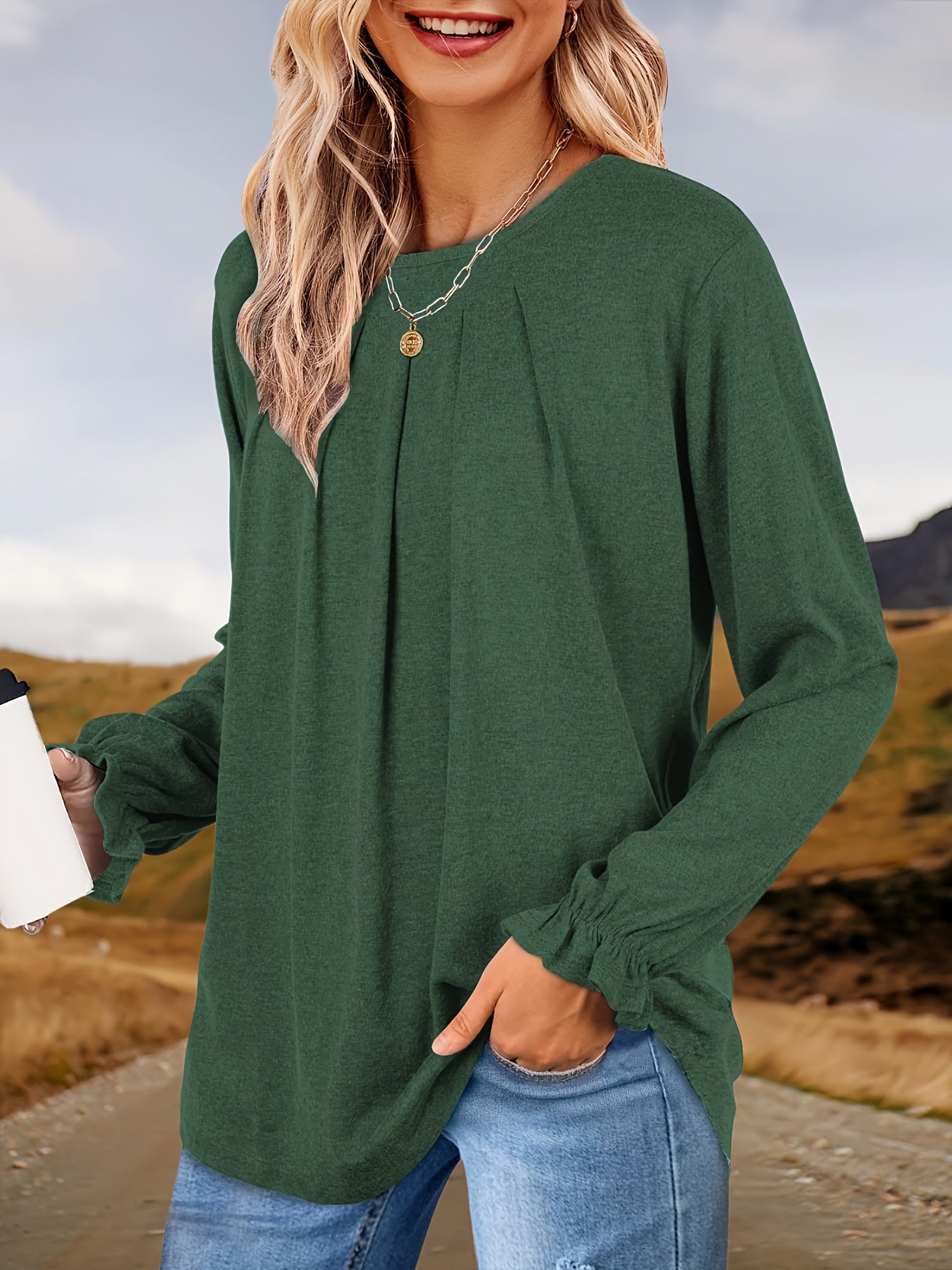 Womens Tops Dressy Casual Pleated Ruffle Long Sleeve Shirts Loose Fitting Blouses Tunic Tops