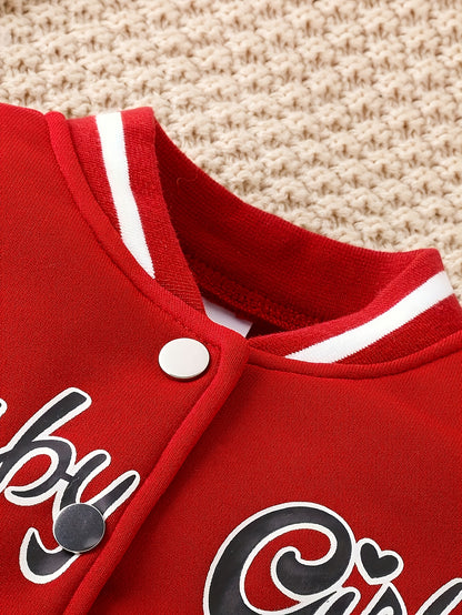 Preppy Style Girls 2pcs GIRL Print Baseball Jacket + Pleated Skirt Set For Party Sports Gift, for Outdoor