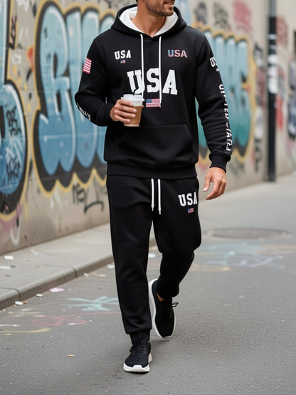 2pcs Set, Discount, Black Vintage Letter Print, Men's 2pcs Set, Casual Crew Neck Long Sleeve Hoodie and Sweatpants Set, Suitable for Winter and Autumn, Sportswear Set