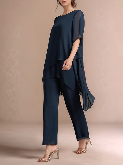 Women'S Chiffon Short Sleeve 2pcs Set Solid Color Irregular Elegant Party Fashion Suit