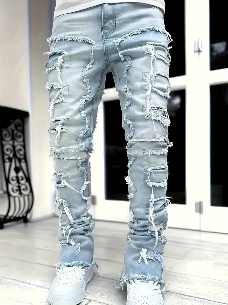 (Available In Five Colors) Teenager Ripped Jeans, Retro Street Style, High Street Patch Fabric, Popular Ripped Jeans, Fashionable Splicing, Slim Fit Jeans, Versatile Straight Jeans 1pc, Perfect for Outdoor, for Teenager