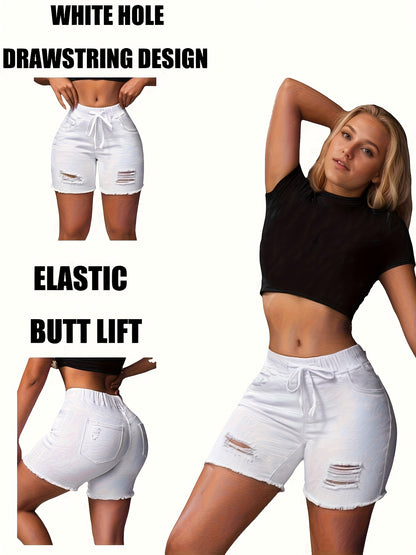 Women's Distressed Denim Shorts with High-Waisted Slim Fit & Frayed Hem - Stretch Jeans for Spring/Summer, Casual to Dressy Wear, Waist-cinching Drawstring (Machine Washable) | Non- Ripped Short Pants