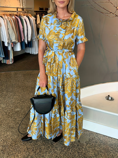 Faux Tencel Blue/Yel Floral Print Short Sleeve Tie Layered Maxi Dress, Faux Tencel Fabric, Ruffles at Chest, V-Neck, Belted Waist, Two Side Slit Pockets, Short Sleeves, Tiered Skirt, Straight Hem