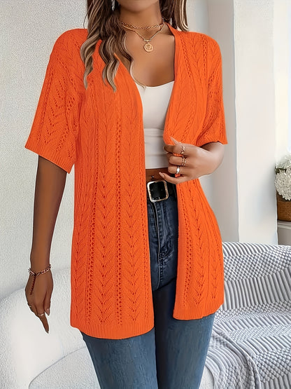 Plus Size - Summer New Arrival Women'S Openwork Short Sleeve Cardigan Loose Mid-Length Cover-Up Lightweight Breathable Outerwear Top