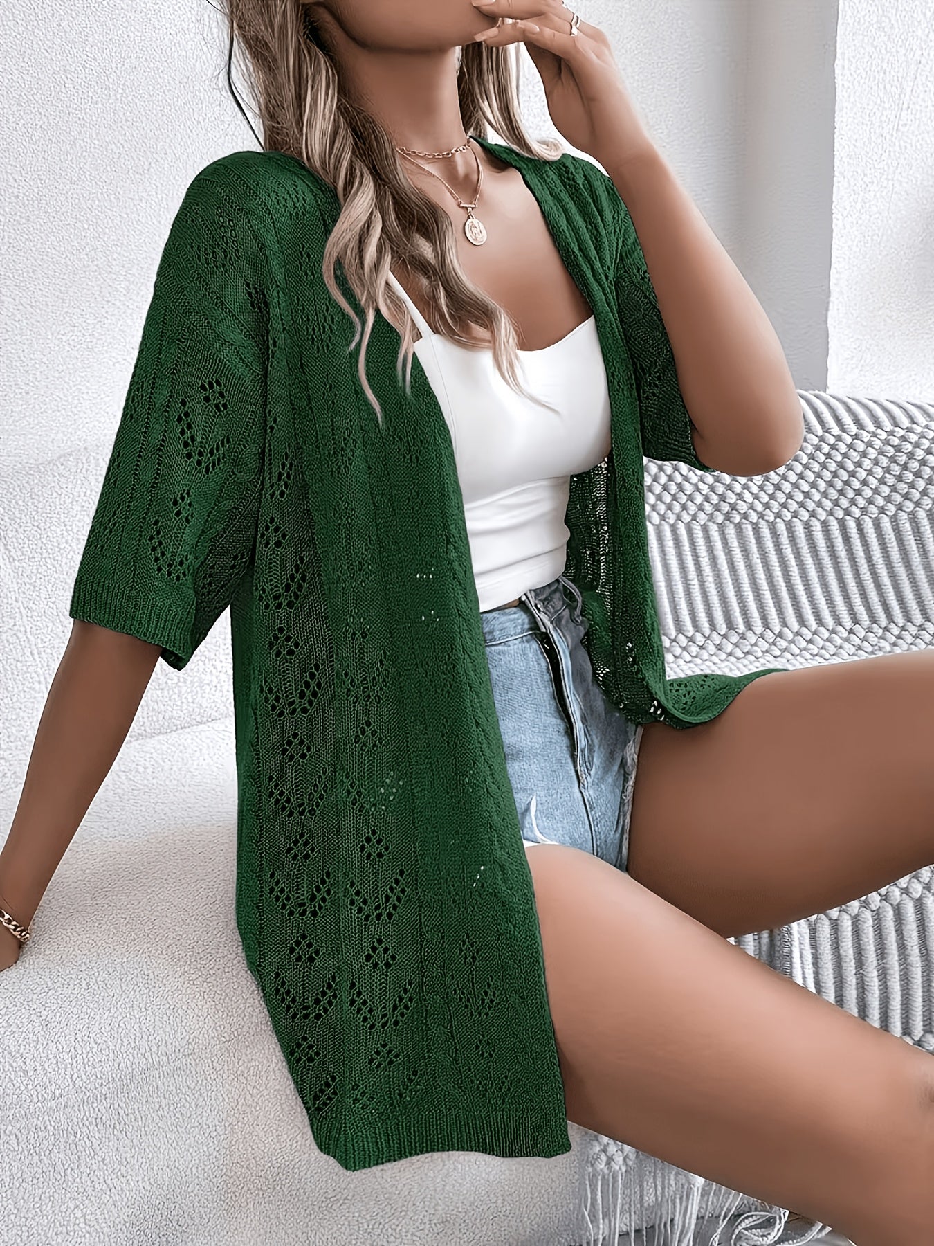 Plus Size, Plus Size Women's Lightweight Lace- Cardigan - Open Front Semi-Sheer Cover-Up with Cut-Out Design, Casual Chic Spring/Summer Beachwear for Vacation & Leisure, Summer Layering Piece | Elegant Cardigan | Elegant Craftsmanship, Lace Cardigan