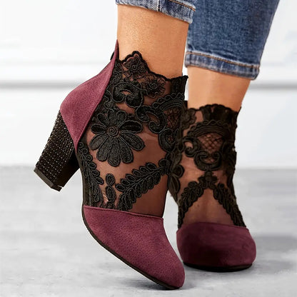 Elegant Black Lace Ankle Boots with Floral Patterns - Comfortable Chunky Heel, Back Zip Closure, Round Toe Design, Breathable Fabric Upper And TPR Sole for Stylish Women, Women Shoes