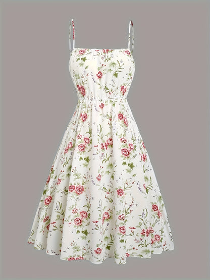 Floral Print Waisted Sleeveless Cami Dress And Solid Lace Up Short Sleeve Crop Top Set
