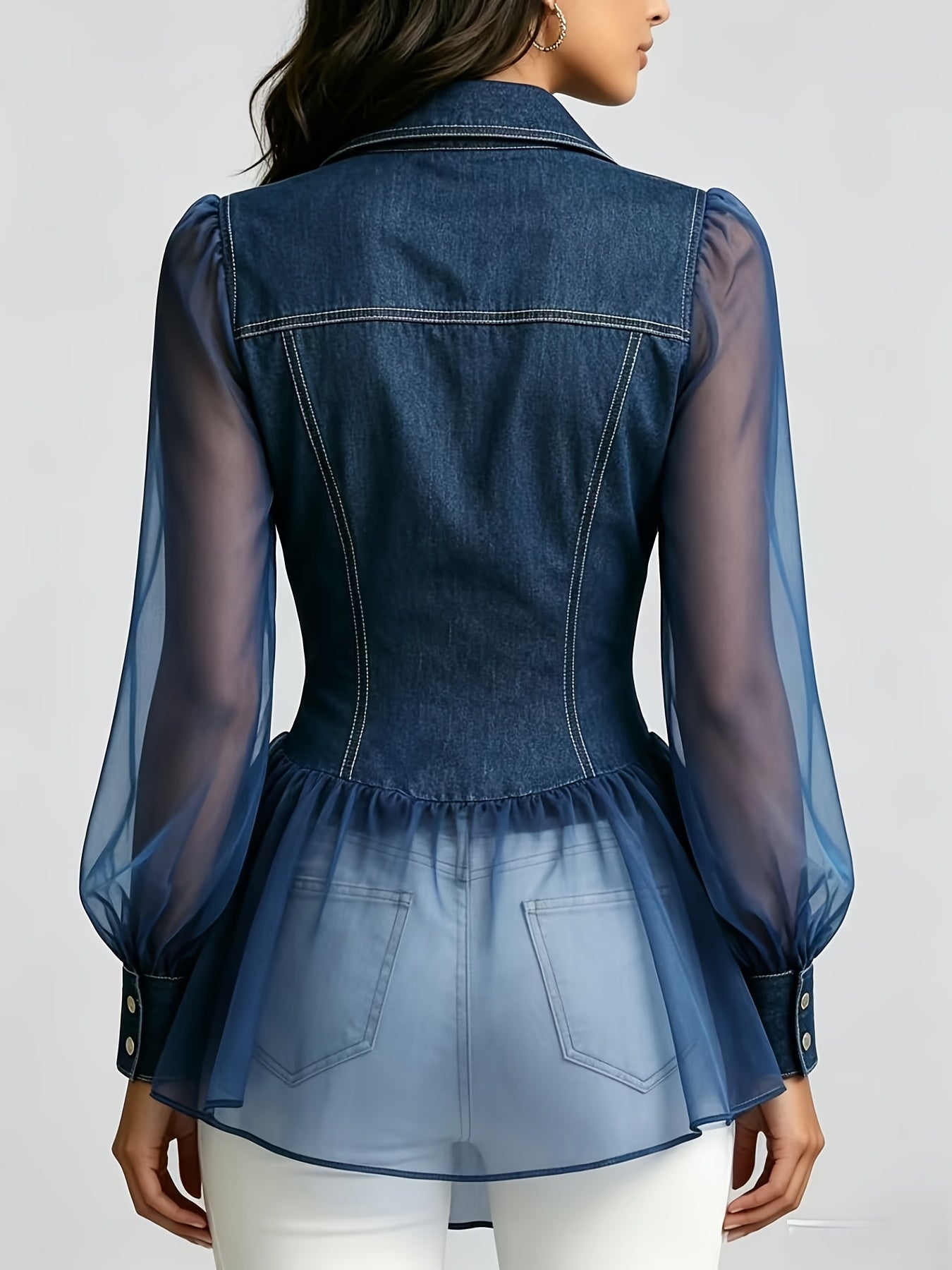 [Elegant Denim Tulle Jacket] Women's Elegant Summer Blue Denim and Tulle Patchwork Long-Sleeve Ruffle Jacket