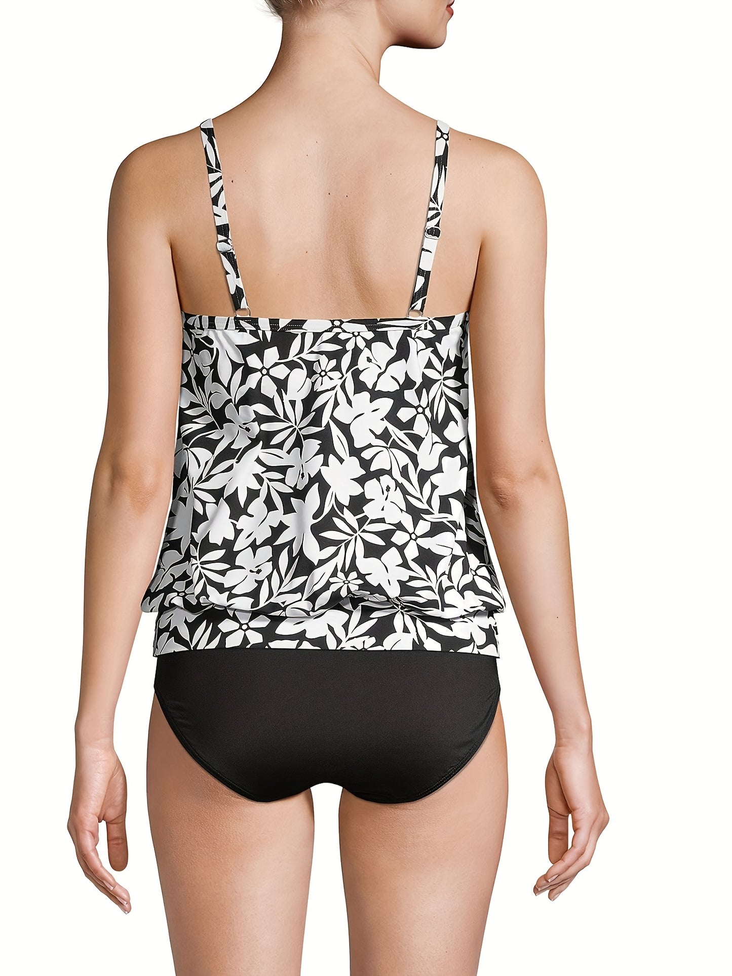 Plus Size Women Floral Print Blouson Tankini 2pcs Swimsuit Spaghetti Strap Modest Bathing Suit for Beach Pool Hot Spring Vacation