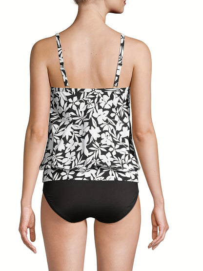 Plus Size Women Floral Print Blouson Tankini 2pcs Swimsuit Spaghetti Strap Modest Bathing Suit for Beach Pool Hot Spring Vacation
