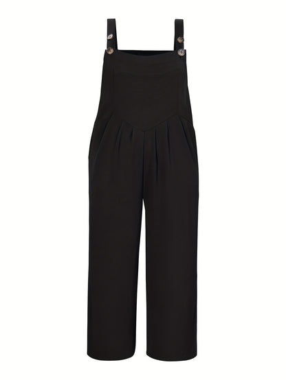 Plus Size, Curve Casual Women's Spring And Summer Button Back Tie One-piece Pants - Back Tie Button Design, Casual Black, Thin Thickness, Loose - Spring And Summer Plus Size Women's Casual Jumpsuits