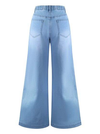 [Stretch-Waist Wide-Leg Jeans] Women's Stretch-Waist Straight-Leg Relaxed Fit Jeans Four-Season Casual High-Waisted Comfortable Wide-Leg Pants Fashionable Pants Suitable For Any Occasion