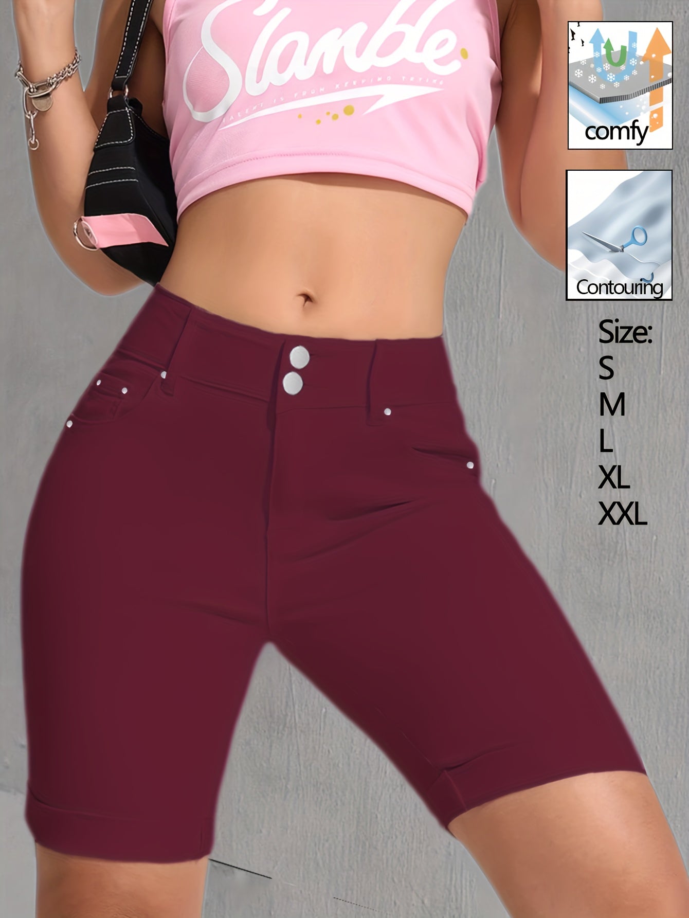 Women White Stretch Denim Bermuda Shorts Slim Fit High Waist Double Button Design Rivet Detailing Cuffed Hem Soft Flexible Fabric Figure Contouring Modern Minimalist Style Versatile Casual Streetwear Comfortable Durable Casual Attire Fashion Forward