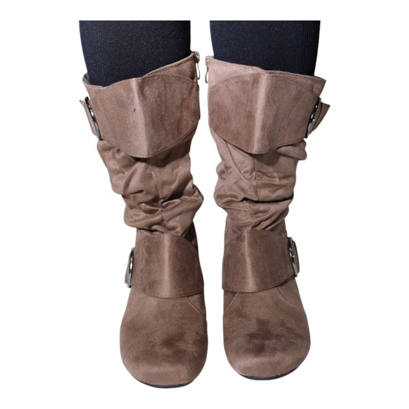 Women's Closed Round Toe Buckle Slouch Flat Heel Mid-Calf Boot