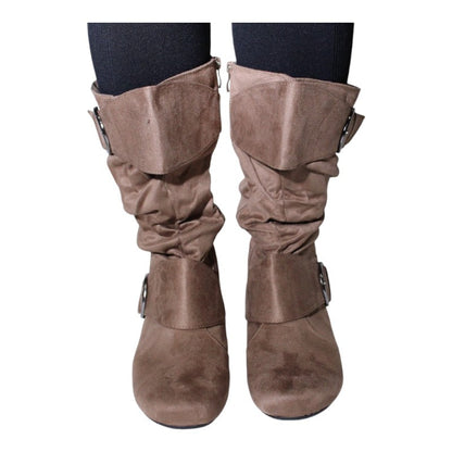 Women's Closed Round Toe Buckle Slouch Flat Heel Mid-Calf Boot