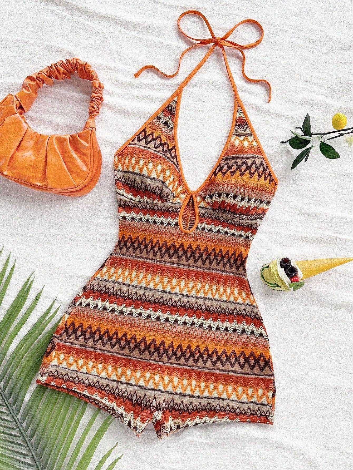 Women's Exotic Cool Orange Ethnic Geometric Print Halter Romper | Full Retro Print with Slim Fit, Eye-catching for Island Vacations and Music Festivals