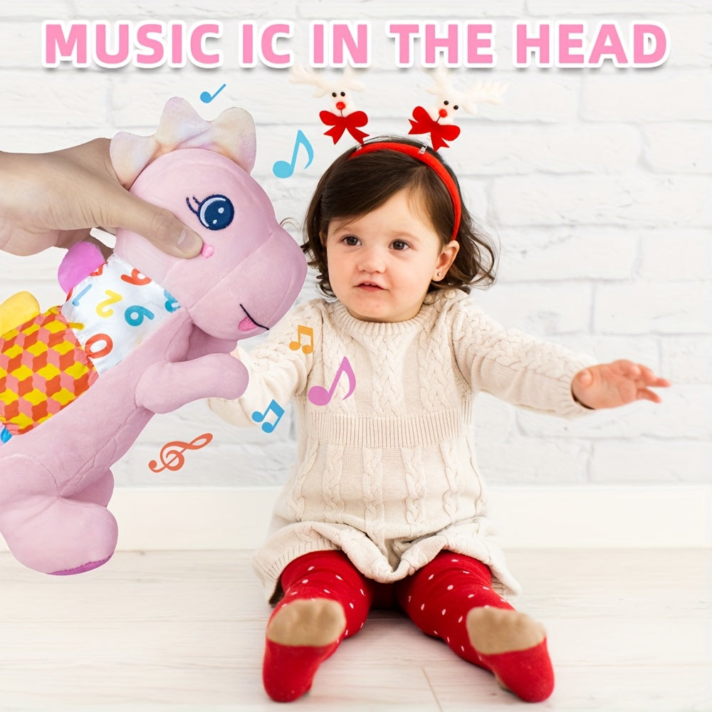 Baby Musical Plush Stuffed Pink Dinosaur Toy with Texture, Crinkle Sound Paper, Squeaky, Rattle, Time Toy for Babies 0-3-6-12+ Months, Great As Easter, Christmas, Halloween And Birthday Gift for Baby Boys And Girls.