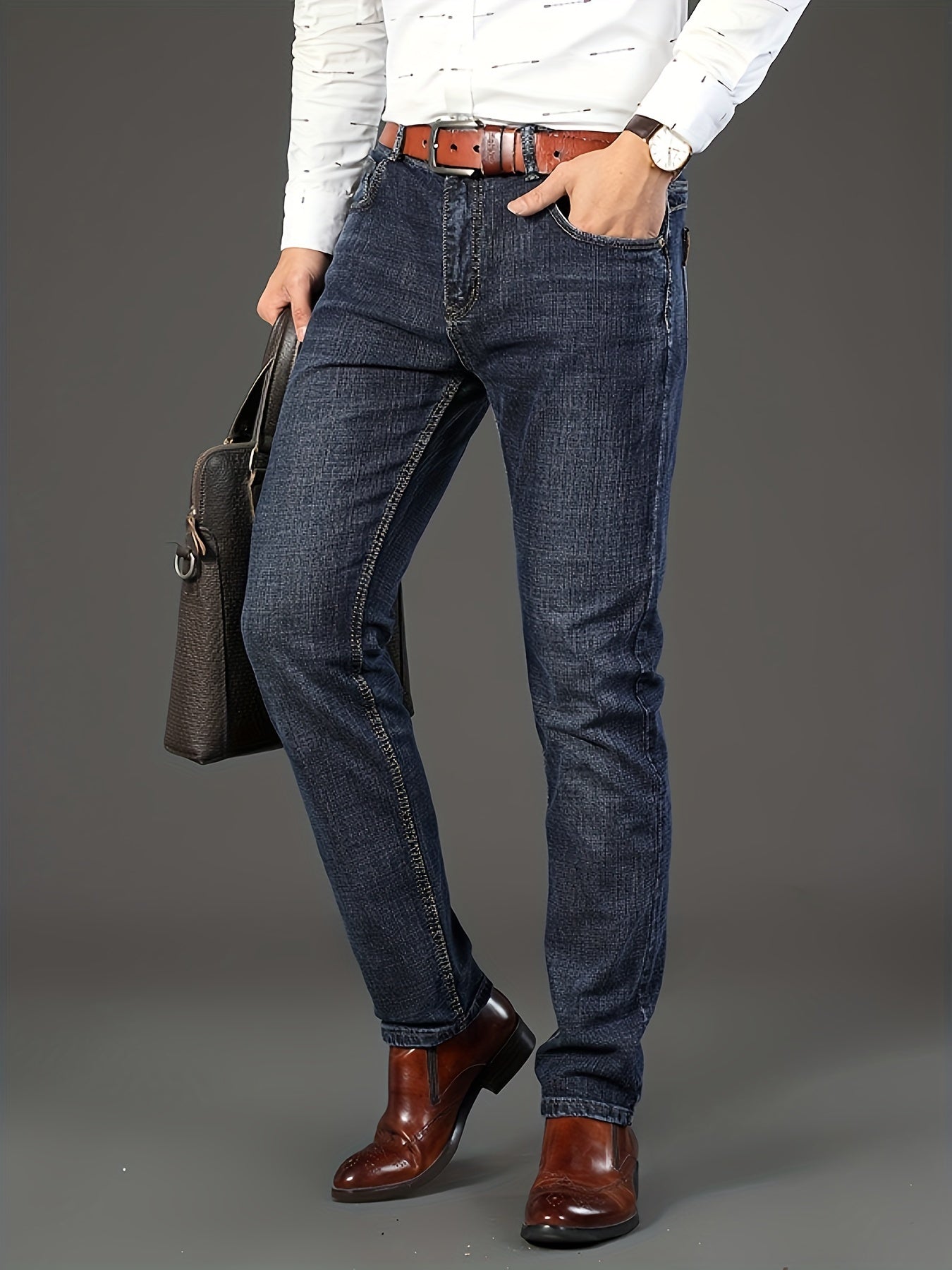 Men'S Plain Denim Trousers, Featuring a Light Business Look with a Bit of Stretch, Straight Leg Design Suitable for Casual Outdoor Wear