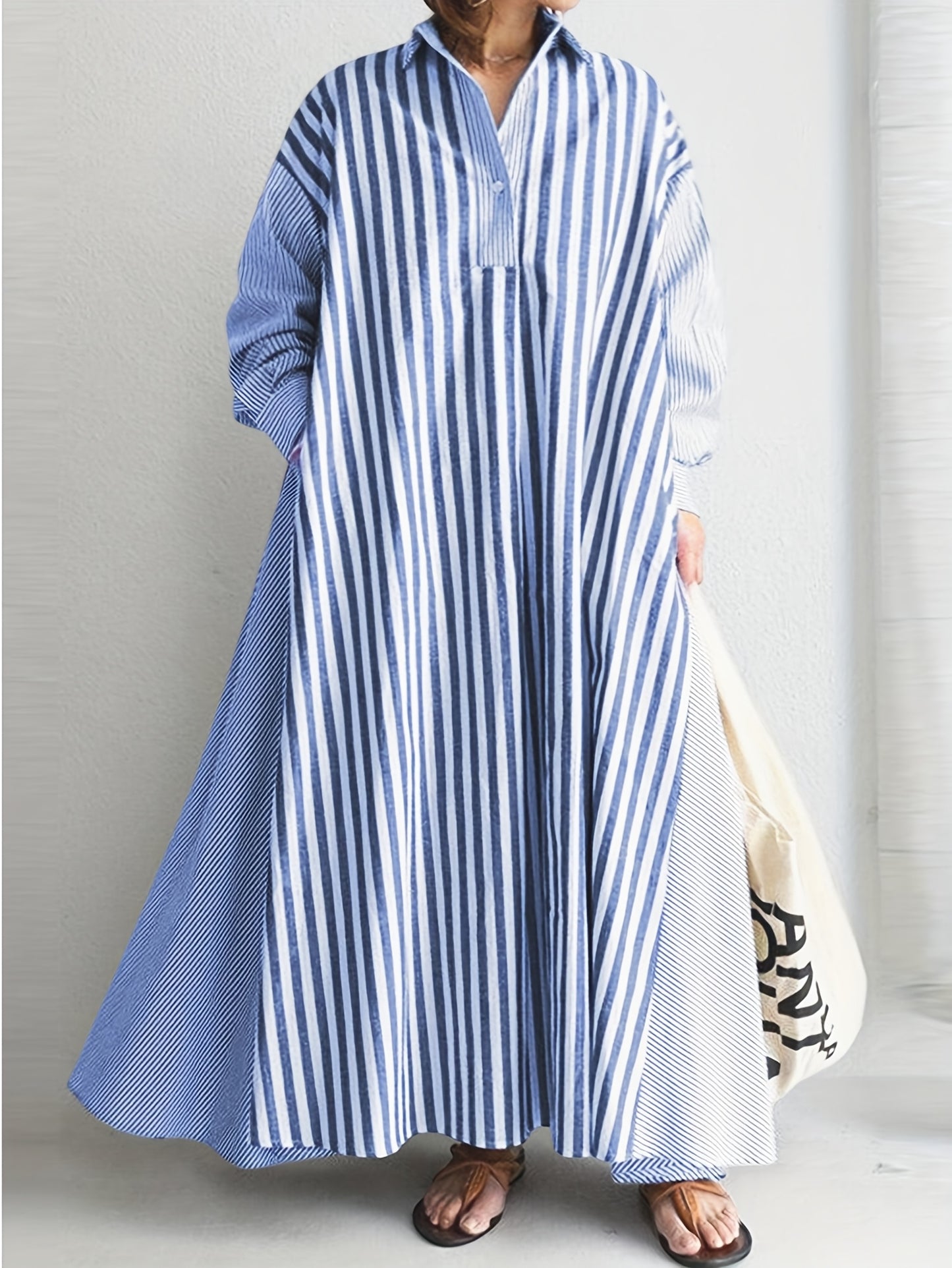 Plus Size - Plus Size - Casual Shirt Dress with Long Sleeves And Striped Stitching Designed for Plus-Size Women