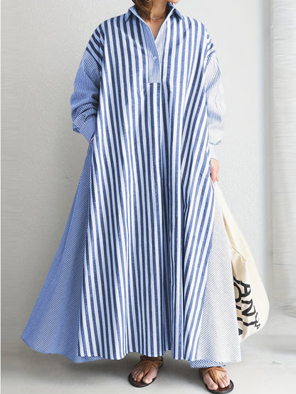 Plus Size - Plus Size - Casual Shirt Dress with Long Sleeves And Striped Stitching Designed for Plus-Size Women