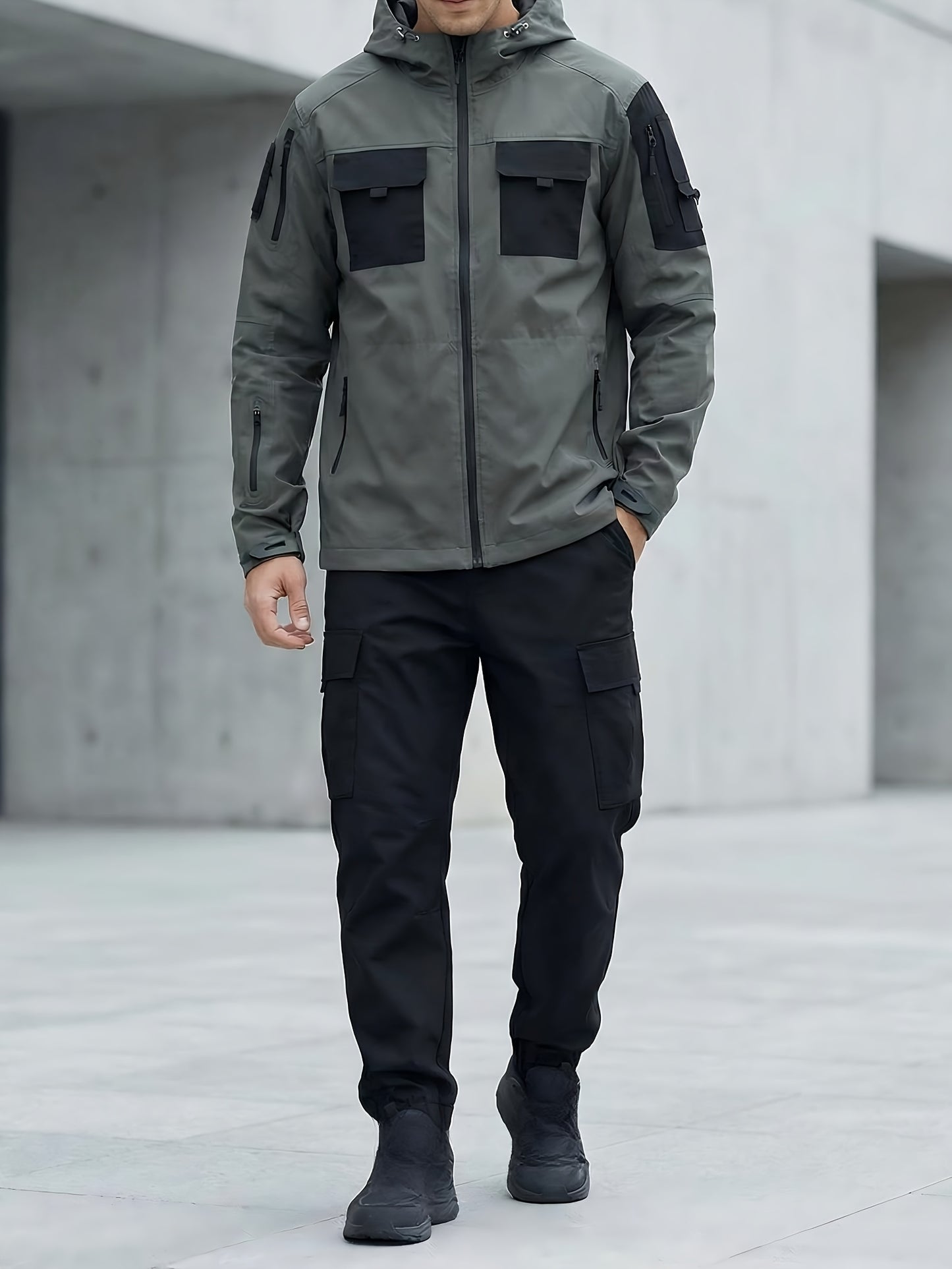 Men's Windproof Outdoor Jacket - Heavy-Duty Full-Zip Hooded Coat with Zippered Pockets, Scratch-Resistant Shell for Hiking, Camping, Hunting (Belt Included) Adjustable Hood -All-in-One Outdoor Shell Coat for Camping Essentials, Rugged Design, Durable