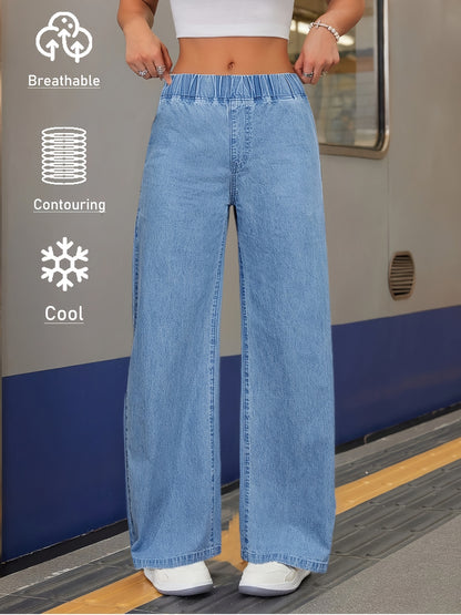 Women's Versatile Mid-blue Casual Stretch Waist Wide-leg Loose Regular Lightweight Denim Jeans