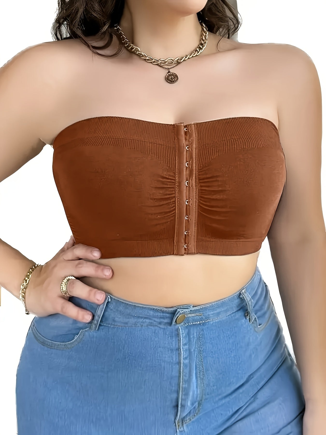 5pcs Plus Size Front Closure Bra Set, Elegant Nylon Fabric Plus Size Women's Bandeau, Wireless Design Front Closure Plus Size Women's Strapless, Medium Stretch, Solid Color, No Padding