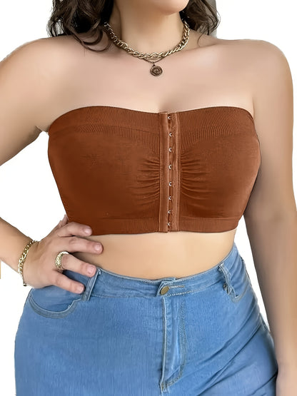 5pcs Plus Size Front Closure Bra Set, Elegant Nylon Fabric Plus Size Women's Bandeau, Wireless Design Front Closure Plus Size Women's Strapless, Medium Stretch, Solid Color, No Padding