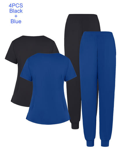 4pcs Set Of Multi-color Women's Round Neck Zipper Matte Breathable Sports Uniform Pocket Hand Washing Work Clothes Brush Hand Clothes Tying Feet Pants Set