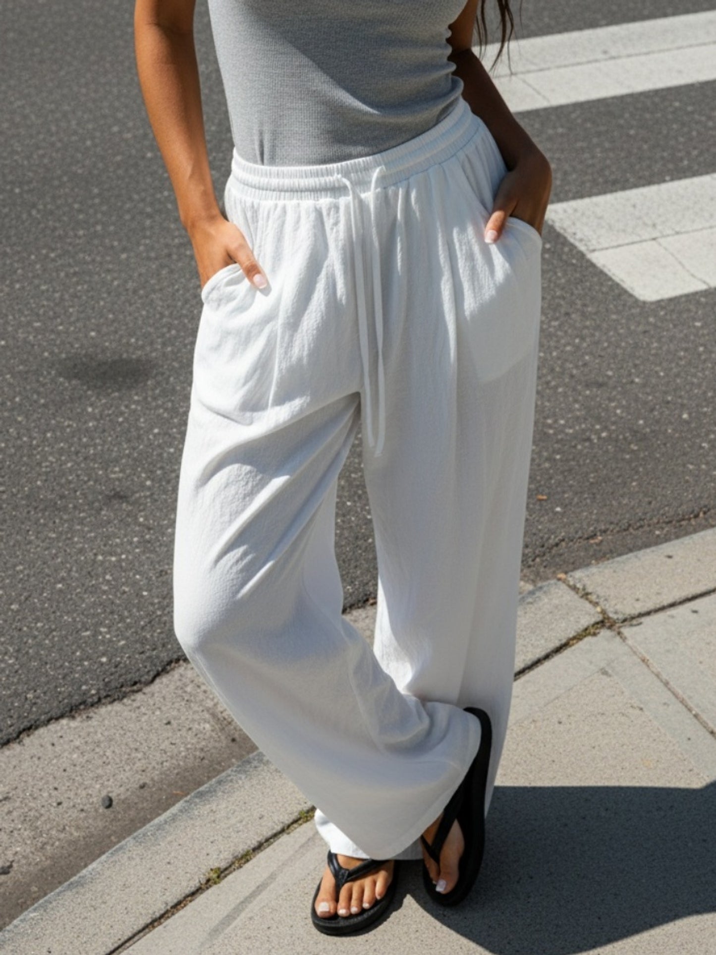 New Model Relaxed Style High Waist Casual Versatile Draping Drawstring Wide-Leg Pants for Women