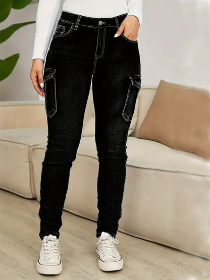 Plus Size Women'S Fashion Skinny Jeans -Comfortable Cargo Denim Pants with Side Pockets