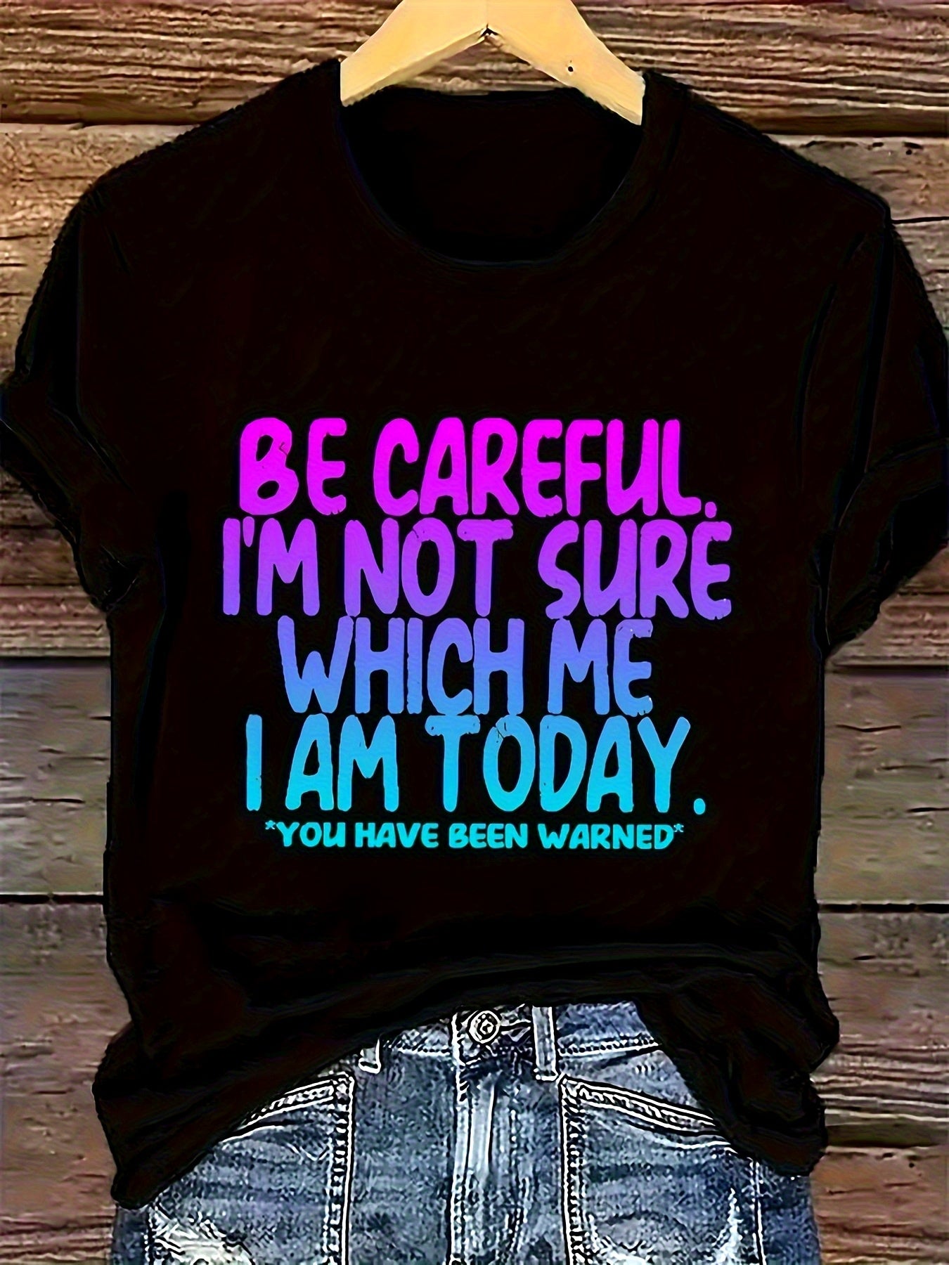 Plus Size, Plus Size Women's Casual Short Sleeve T-Shirt- Plus Size Women's Casual Short Sleeve T-Shirt- Plus Size Women's "Today I'm Not Sure Who I Am" Fun Printed T-Shirt- Bright Letter Loose Round Neck Short Sleeve, Machine Washable Black Casual