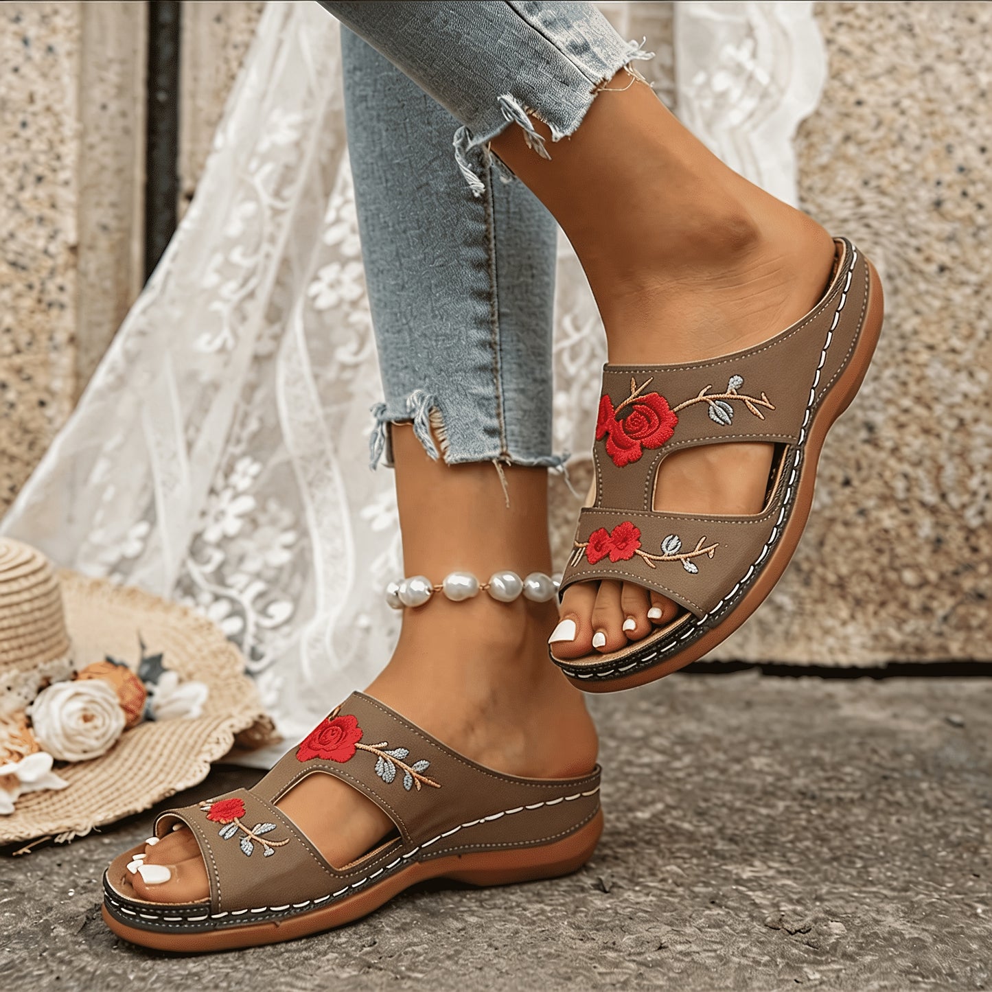 Women's Rose Embroidery Wedge Slide Sandals • Thick Sole Comfortable Casual Summer Outdoor Walking Sandals • Women Shoes for Daily Wear