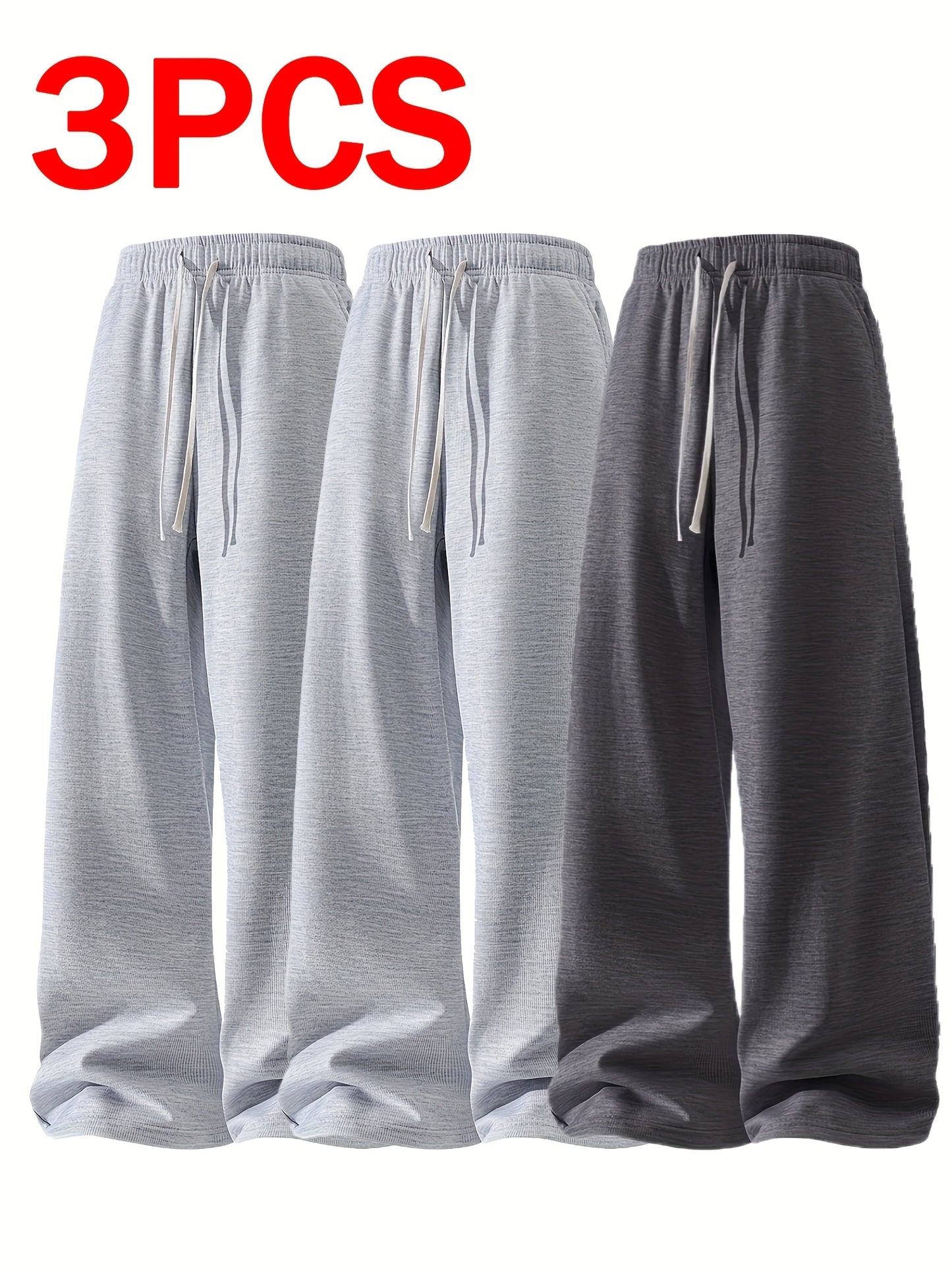 3pcs Men's Lightweight Soft Joggers - Loose Fit Straight Leg Pants Waist, Light Grey & Black/Dark Grey, All-Season Comfort Suitable for Gym, Casual Wear, Everyday Use - Straightforward Casual Style (Stock Available)