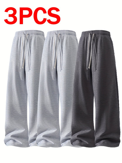 3pcs Men's Lightweight Soft Joggers - Loose Fit Straight Leg Pants Waist, Light Grey & Black/Dark Grey, All-Season Comfort Suitable for Gym, Casual Wear, Everyday Use - Straightforward Casual Style (Stock Available)