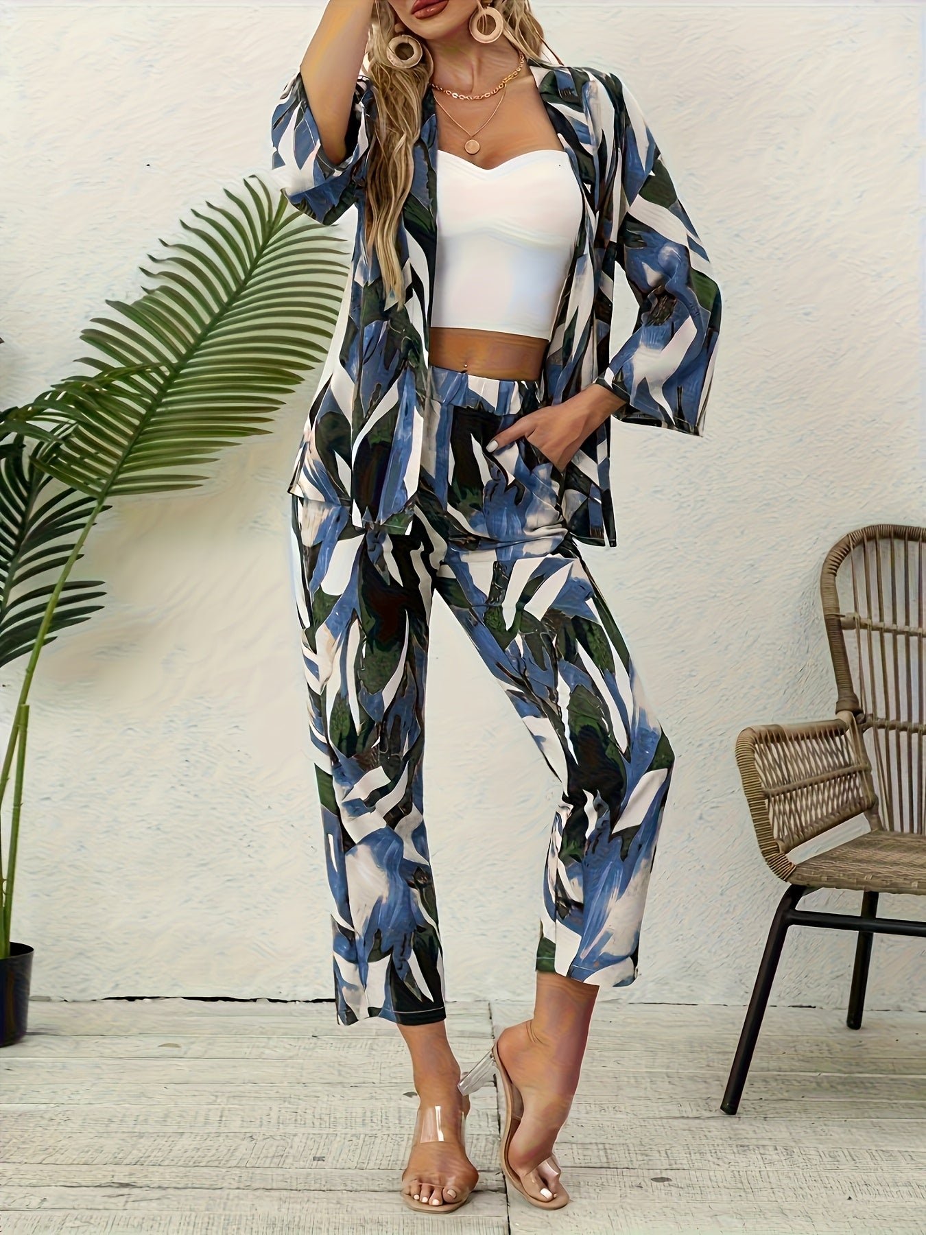 [ Cloud Orientation ] Women'S Elegant Leaf Print Two Piece Set