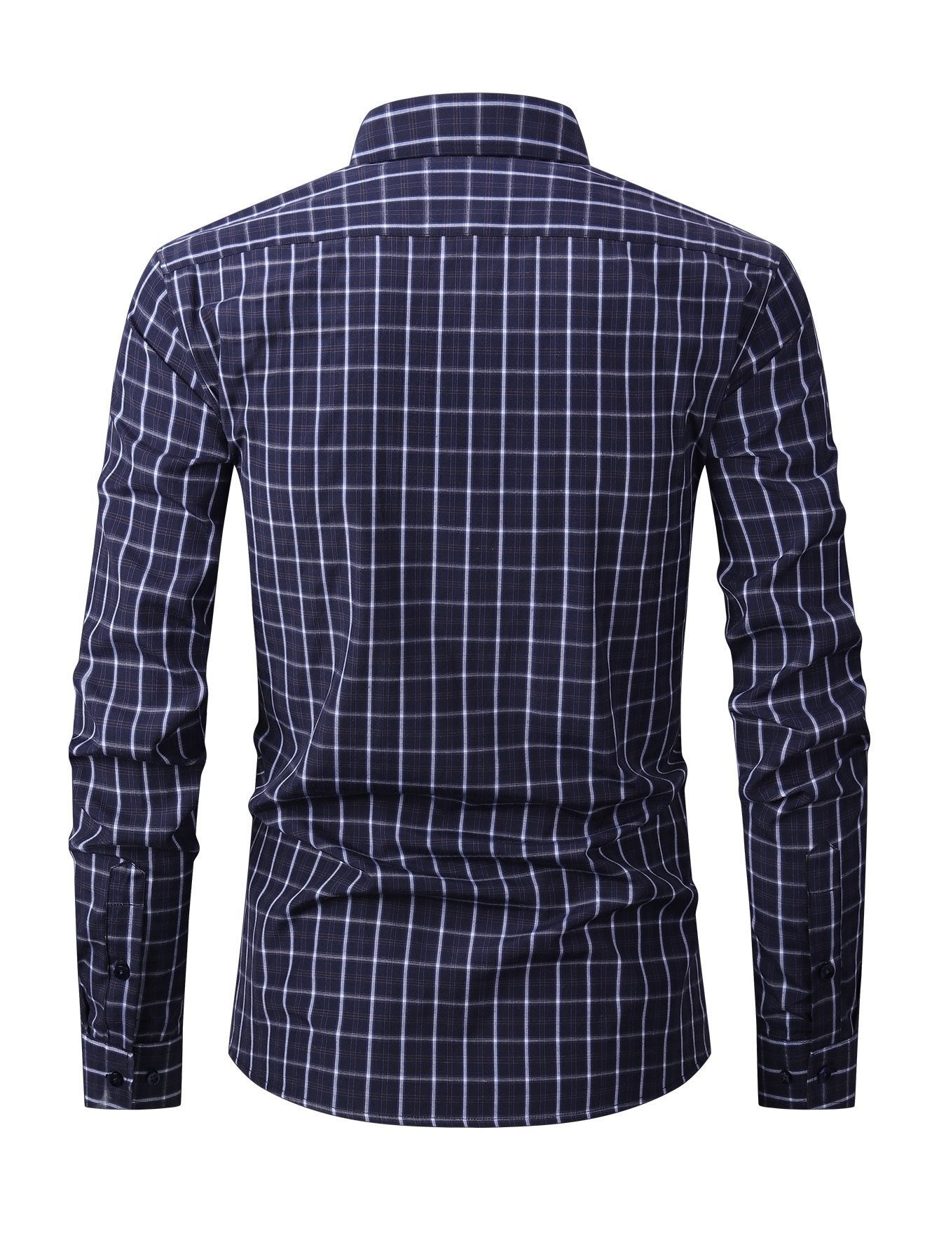 Men's Navy Blue & White Plaid Cotton Long-Sleeve Shirt - product view 8