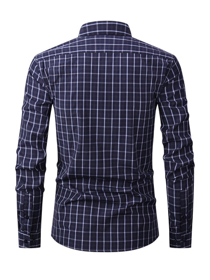 Men's Navy Blue & White Plaid Cotton Long-Sleeve Shirt - product view 8