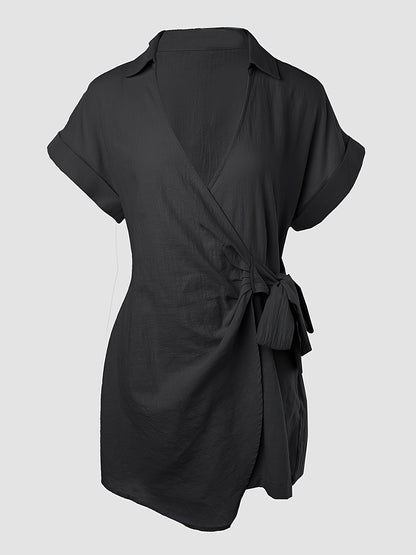 Women's Black Deep V Neck Short Sleeve Jumpsuit with Waist Tie And Ruffle Details for Casual And Work Wear